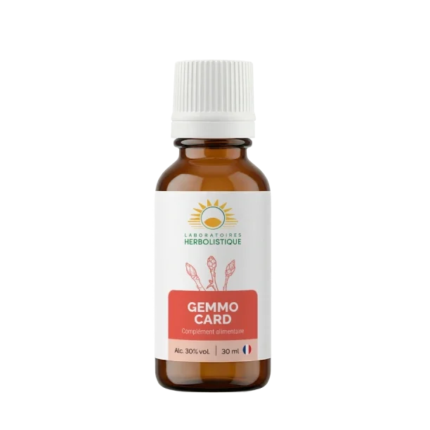 Laboratoires Herbolistique Gemmo Card 30ml dropper bottle, organic plant bud extracts for cardiovascular longevity, arterial elasticity, and heart health.