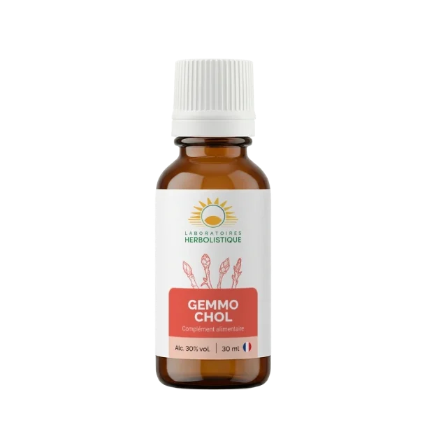 Laboratoires Herbolistique Gemmo Chol 30ml dropper bottle, organic gemmotherapy supplement for liver-centered lipid metabolism and healthy cholesterol balance.