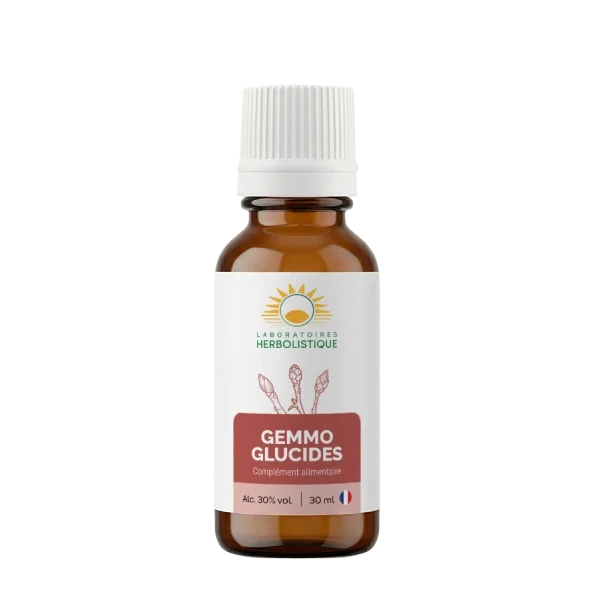 Laboratoires Herbolistique Gemmo Glucides 30ml dropper bottle, herbal bud extracts for physiological sugar balance and natural metabolic support.