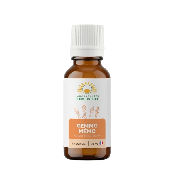 Laboratoires Herbolistique Gemmo Memo 30ml dropper bottle, natural brain booster and gemmotherapy supplement for memory, focus, and cognitive clarity.