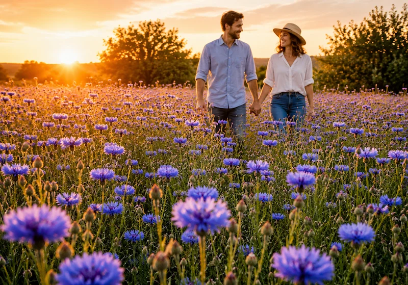 Focus on delicate blue cornflowers (bleuet) blooming in a natural landscape. A couple is visible but blurred in the distance during the golden hour.